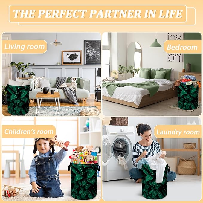 Tropical Leaves Laundry Basket, Plants Laundry Hamper Foldable Waterproof Oxford Cloth Funny Tote Bag Dirty Clothes Storage Bucket Toy Organizer for Bathroom/Laundry/Bedroom 15.7"x19.6"