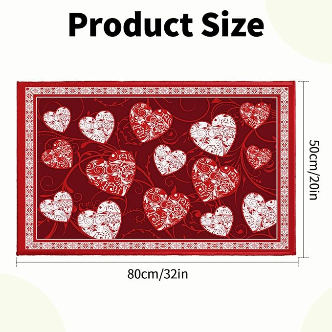 32x20in Valentine Bathroom Rug- Romantic Red White Hearts Bath Mats- Symbol of Love Non-Slip Holiday Soft Velvet Bath Rugs for Shower Room Bathtub Sink Bedside