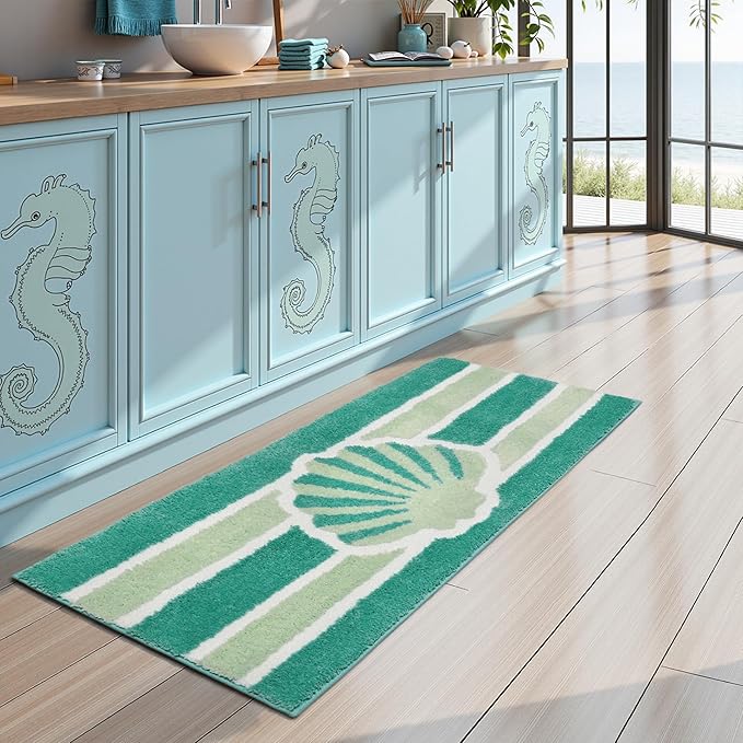 Green Beach Bathroom Rugs Non Slip Washable Cute Coastal Bath Mats Rugs for Bathroom Floor Nautical Fluffy Plush Soft Absorbent Farmhouse Carpet for Shower, Tub, 20x47 inch