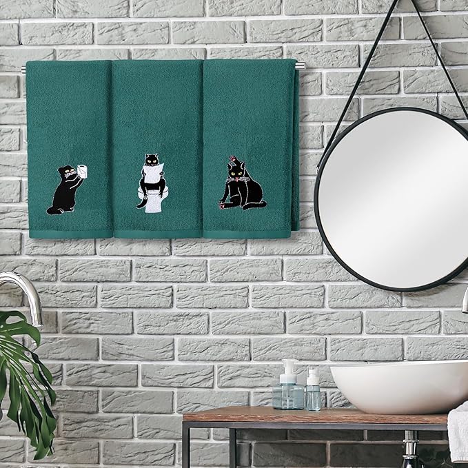3 Pcs Cat Hand Towels for Bathroom Decor Funny Embroidered Black Cat Halloween Decorative Dark Green Bath Dish Towels for Bathroom Kitchen Decor, 100% Cotton, 13.3 x 29.5''