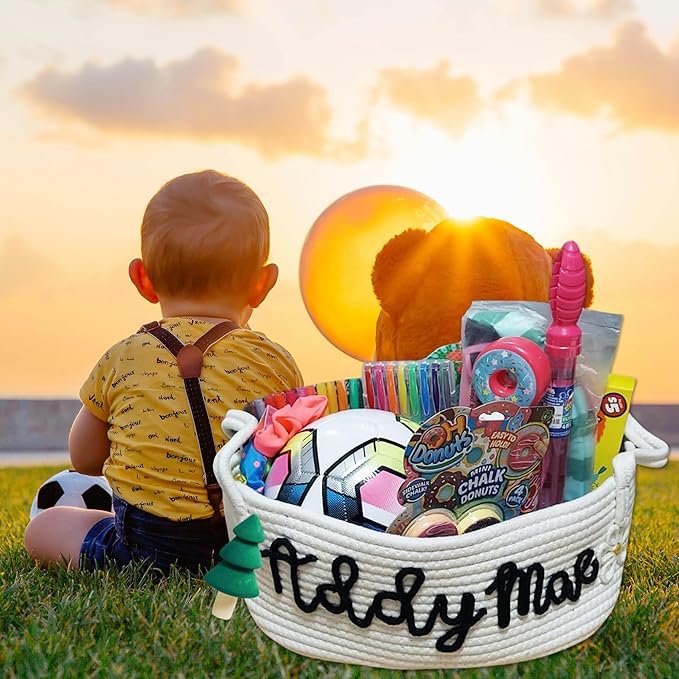 Personalized Baby Name Basket with Handles,Custom Diaper Caddy Cotton Rope Basket,Baby Stuff Organizer Storage Bin for Nursery Toy Room Bedroom Bathroom (L)