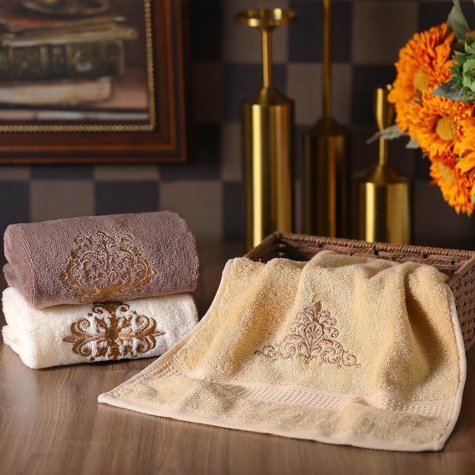 3 Pcs Vintage Brown Hand Towels Fancy Decorative Bathroom Towels 13.3 x 29.5'' Luxury Damascus Embroidered 100% Cotton Soft Absorbent for Bathroom Kitchen Boho Decor