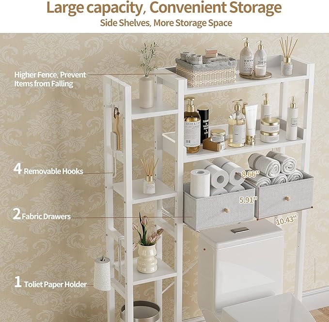 Housolution Over The Toilet Storage with 2 Drawers, 7 Tier Over Toilet Bathroom Organizer with Height Adjustable Shelves and Hooks, Space Saver Above Toilet Rack for Bathroom/Restroom/Laundry, White