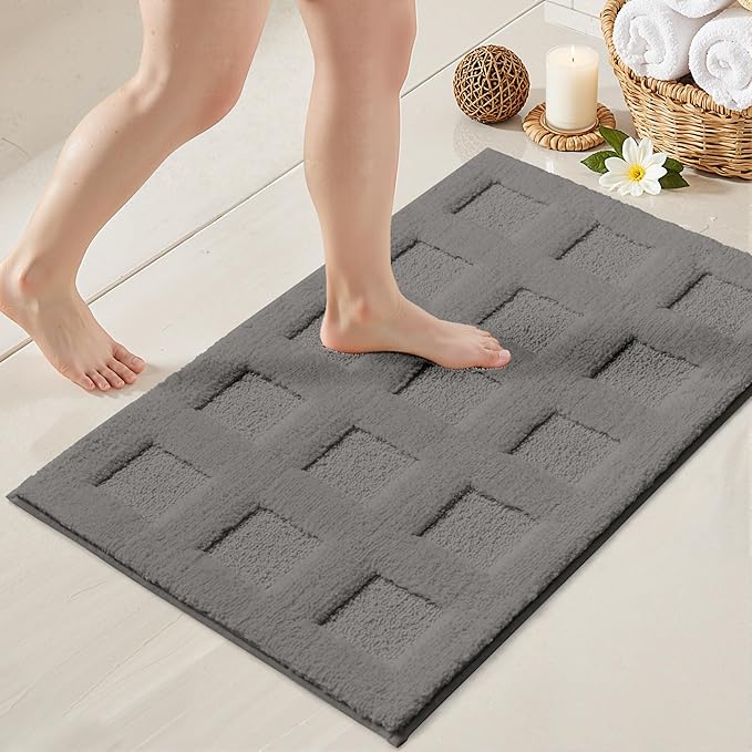 GRANNY SAYS Bathroom Rugs Non Slip Washable, Extra Soft & Water Absorbent Bath Mats for Bathroom, Plush Shaggy Bath Carpet, Deep Grey Waffle Bath Mat Quick Dry for Tub & Shower 24" x 36"