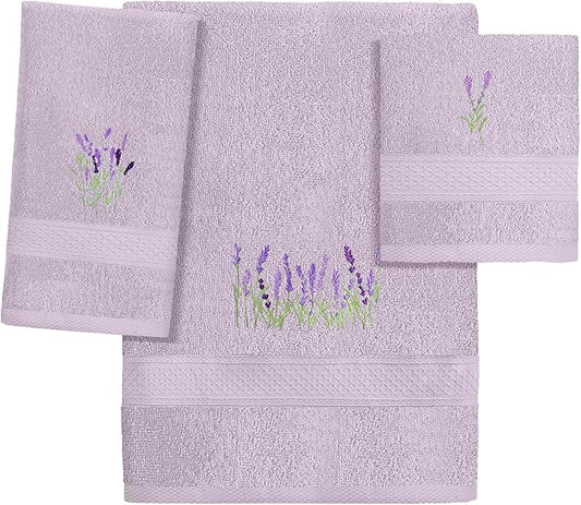 3 Pcs Lavender Floral Bathroom Towel Set Farmhouse Embroidered Lavender Floral Towels Vintage Decorative 100% Cotton Bath Towel Highly Absorbent Elegant Decor Set for Bathroom