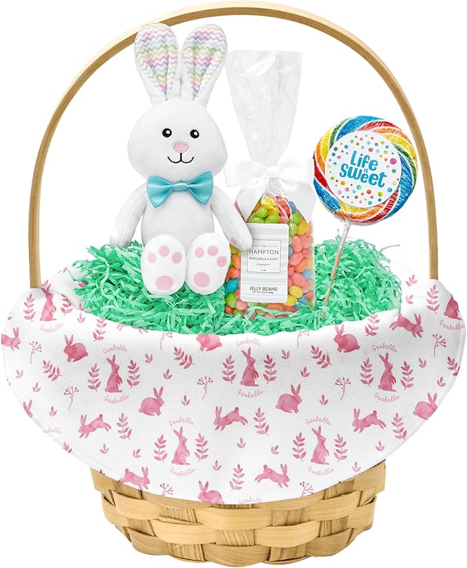 Let's Make Memories Personalized Easter Basket for Kids - For Boys - For Girls - Create Your Own - Fillable - Wicker - Easter Basket Stuffers - Large - Pink Rabbit