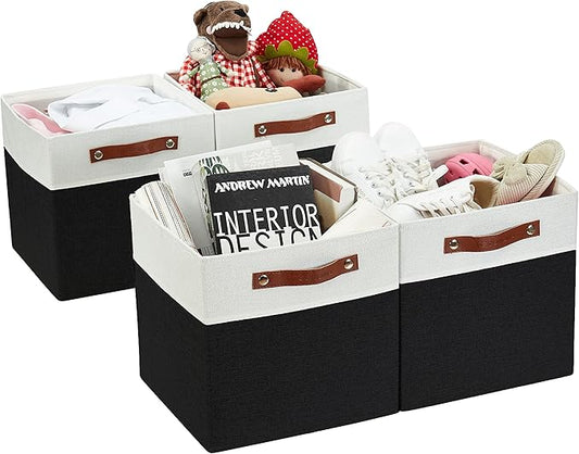 DECOMOMO Fabric Cube Storage Bins - Storage Baskets for Shelves, Cube Storage Organizer for Kallax and Cubbies (Black & White, 13 inch Cube) - 4 Pack