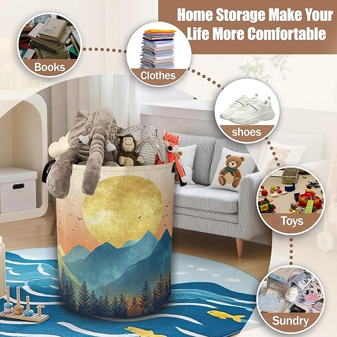 Mountains Sun Nature Scenery Laundry Baskets,Laundry Hamper,Storage Basket with Handles for Bathroom Bedroom College Dormitory Living Room Nursery Organizer 16"x20.8"