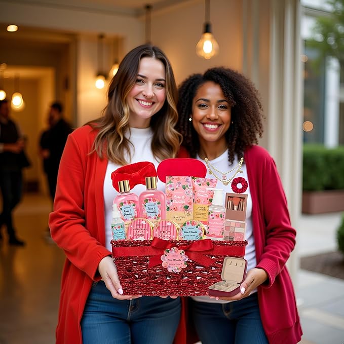 Bath and Body Gift Basket Set Mothers Day, 16 Pcs Luxury Rose & Vanilla Scent Spa Gift Basket Set for Women, Watermelon Body Scrub, Perfect Bath & Body Gift Set, Home Spa Bath Pamper Gifts Teens