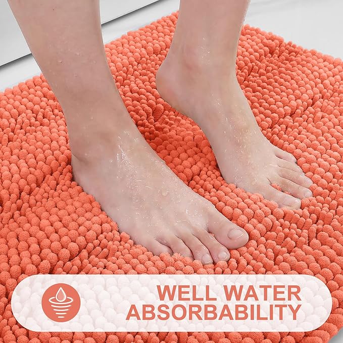 Grandaily Chenille Striped Bathroom Rugs 30x20, Extra Thick and Absorbent Bath Mats, Non-Slip Soft Plush Shaggy Shower Carpet, Machine Wash Dry, Bath Rug for Bathroom, (Medium, Coral Orange)