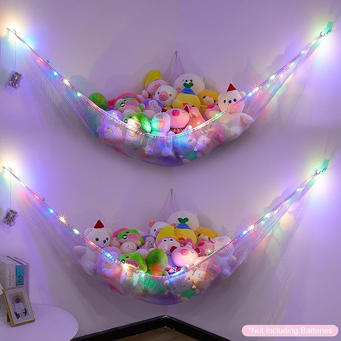 Basumee Stuffed Animals Net or Hammock with LED Light Hanging Toy Net Hammock for Stuffed Animals Storage Stuff Animals Hammocks for Nursery Room with Remote Control, 8 Kinds of Lights(Pack of 2)