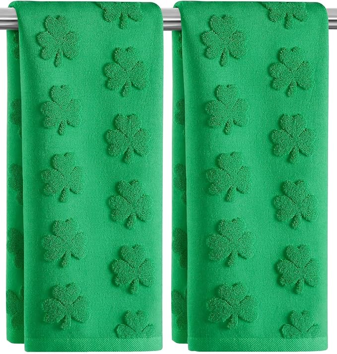 2 Pack St. Patrick's Day Hand Towels Spring Green Clover Shamrocks 100% Cotton Soft Absorbent Decorative Bathroom Towels Set for Bath Kitchen Bar Gift, 13.7'' x 29.5''