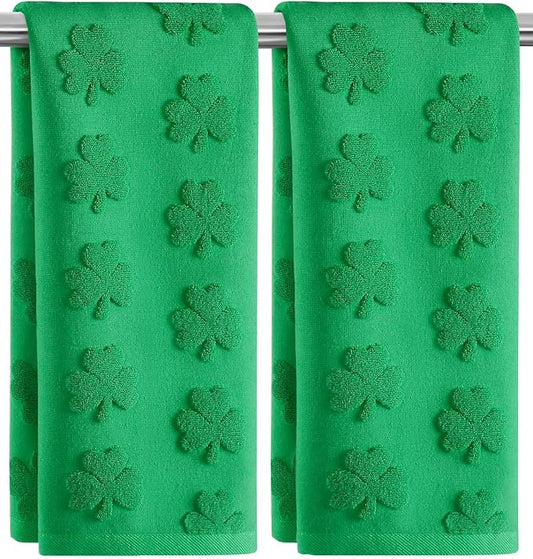 2 Pack St. Patrick's Day Hand Towels Spring Green Clover Shamrocks 100% Cotton Soft Absorbent Decorative Bathroom Towels Set for Bath Kitchen Bar Gift, 13.7'' x 29.5''