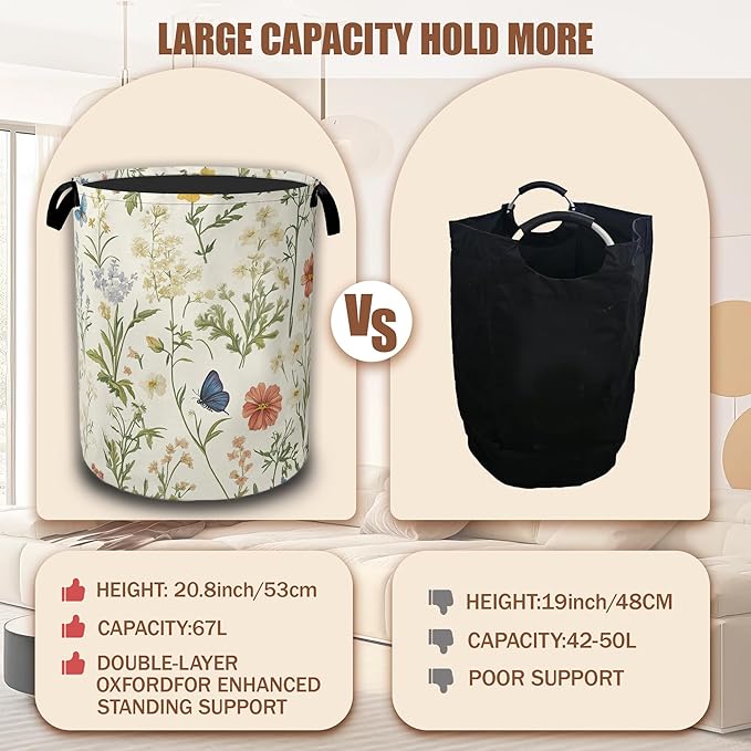 Herbs Wild Flowers Laundry Baskets,Vintage Floral Laundry Hamper,Storage Basket with Handles for Bathroom Bedroom College Dormitory Living Room Nursery Organizer 16"x20.8"