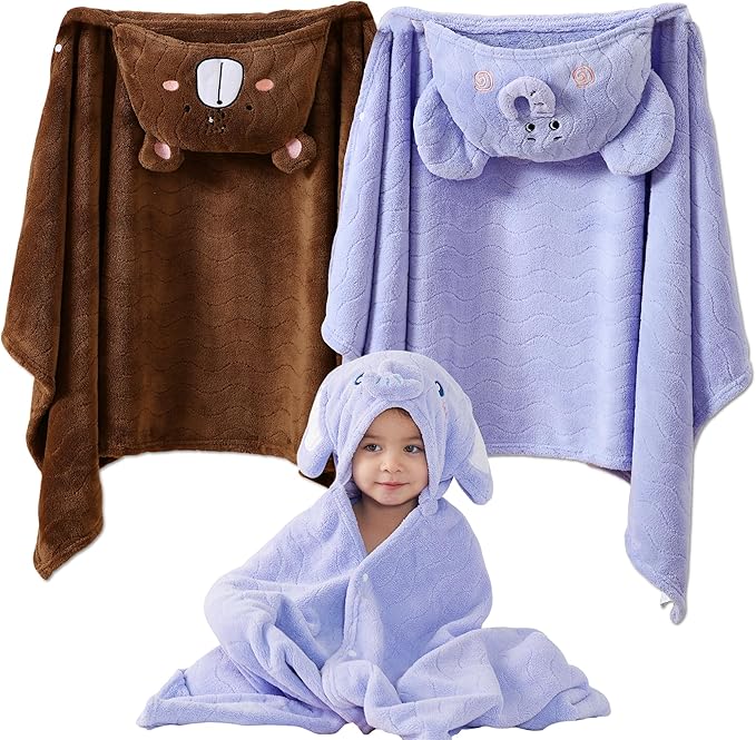 Hooded Towel for Kids, 2 Pack Coral Fleece Kids Bath Towels, Soft and Absorbent Toddler Towels with Hood Age 0-12 Years for Toddler, Infant, Kids - Large 27.5 X 55 inch (Blue Elephant&Brown Bear)