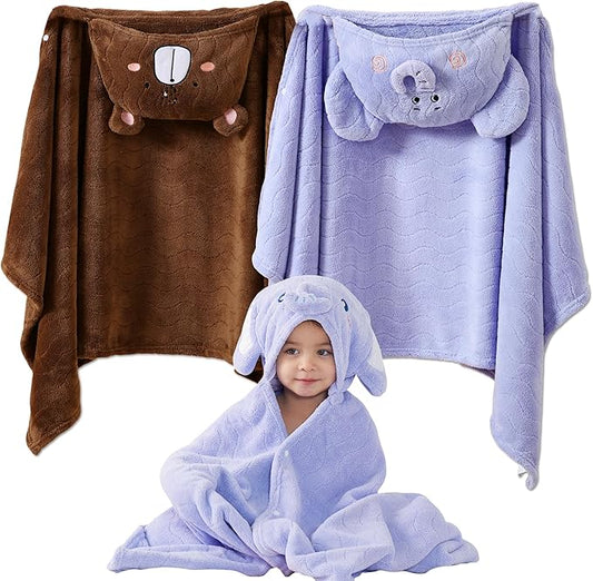 Hooded Towel for Kids, 2 Pack Coral Fleece Kids Bath Towels, Soft and Absorbent Toddler Towels with Hood Age 0-12 Years for Toddler, Infant, Kids - Large 27.5 X 55 inch (Blue Elephant&Brown Bear)
