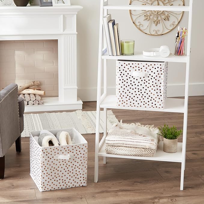 DII Non Woven Polyester Storage Bin, Polka Dot, White & Copper, Large Set of 2