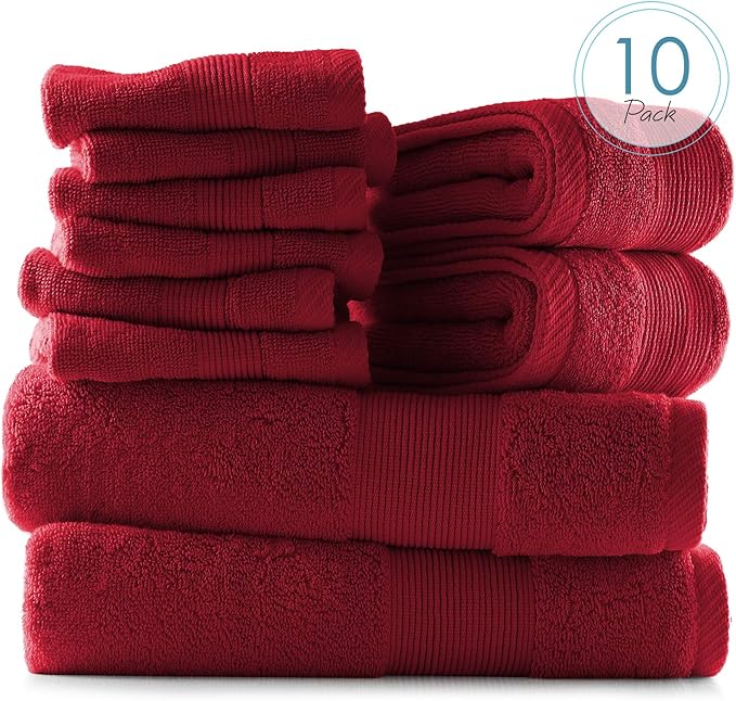 Hearth & Harbor Bath Towels for Bathroom - 100% Ring Spun Cotton Luxury Bathroom Towels - Ultra Soft & Highly Absorbent, Bath Towels Set of 10 - Burgundy Red