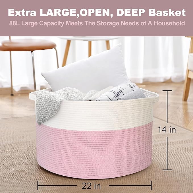 Pink Storage Baskets for Organizing, 22"X22"X14" XXXL Blanket Basket Living Room, Large Toy Basket, Soft Pink Cotton Rope Woven Baskets for Storage, Decorative Gifts Basket Bins for Nursery