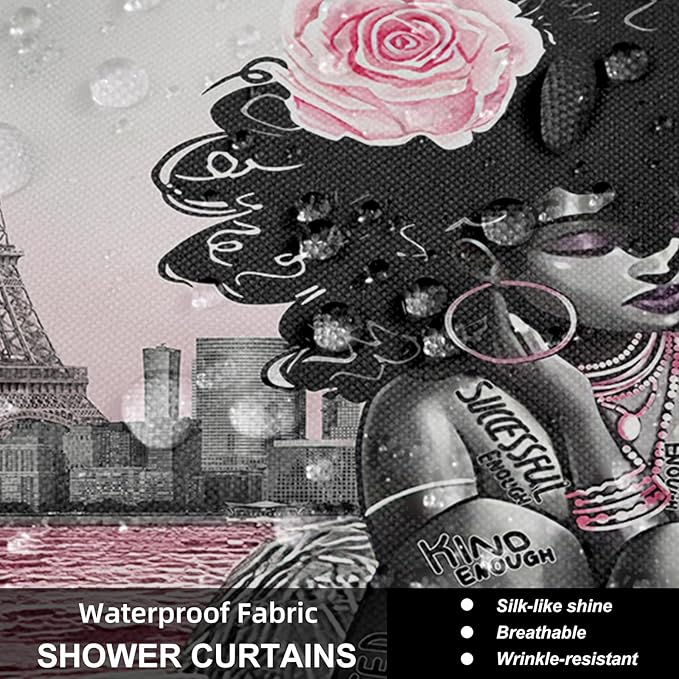 5Pcs Girly Shower Curtain Set with Rugs and Wall Painting, Pink and Black African American Shower Curtain Set, Parisian Style Modern Wall Decor, Bathroom Accessory Set