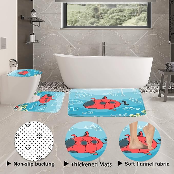 4Pcs Kids Shower Curtain Sets,Boy Bathroom Sets with Waterproof Shower Curtain,Memory Rugs,Non-Slip Rug,Toilet Lid Cover Bath Mat
