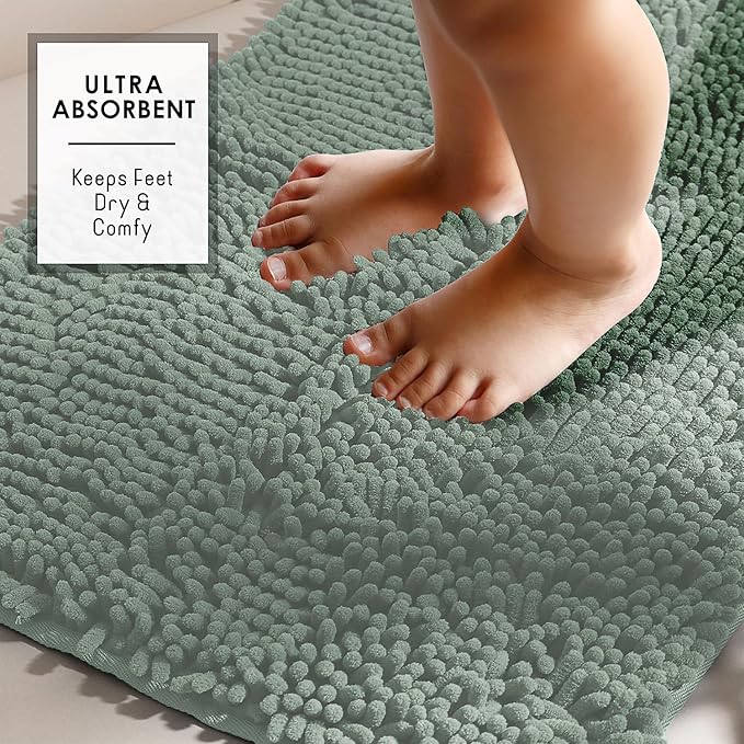 Hearth & Harbor Bathroom Rugs, Chenille Bath Mat - Machine Washable Bath Mats for Bathroom Non-Slip Backing Rubber, Quick Dry Bathroom Mat, 17 x 24 + 20 x 32 - Ice Green