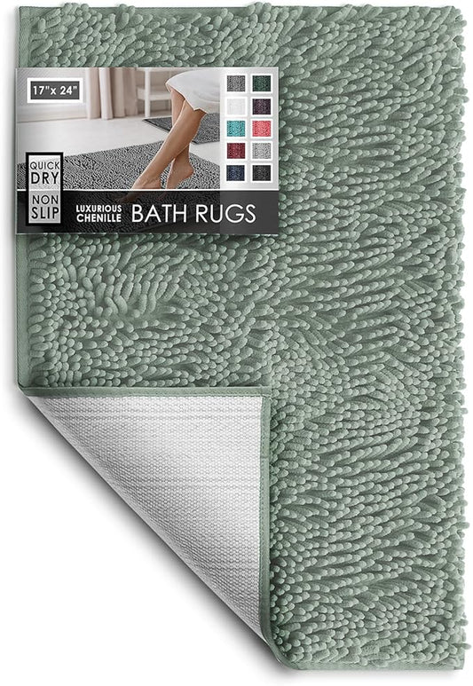 Hearth & Harbor Bathroom Rugs, Chenille Bath Mat - Machine Washable Bath Mats for Bathroom Non-Slip Backing Rubber, Quick Dry Bathroom Mat, 17 x 24 - Ice Green