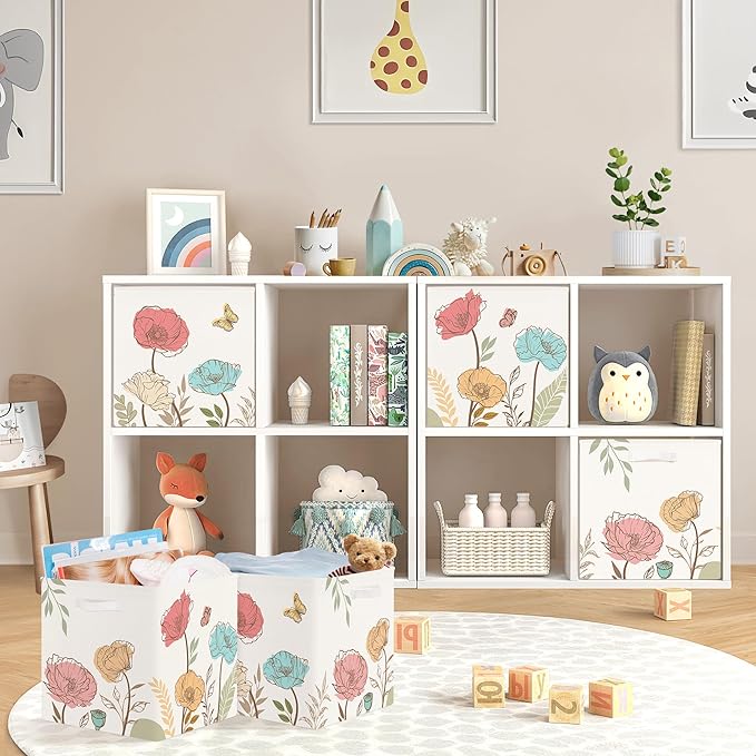 11.8" Wild Flower Storage Cube Organizer Set 3Pcs Clothes Storage Basket Bin for Closet Shelf Garden Butterfly Nursery Kid Room Book Toy Chest, Boho Leaf