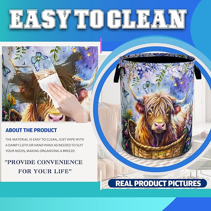 Highland Cow Laundry Basket Highland Cattle Oxford Cloth Laundry Hamper With Handle Foldable Portable Clothes Storage Basket 18.9 X 16.5 Inch Storage Bag For Laundry Room/Bathroom/Bedroom/Dormitories