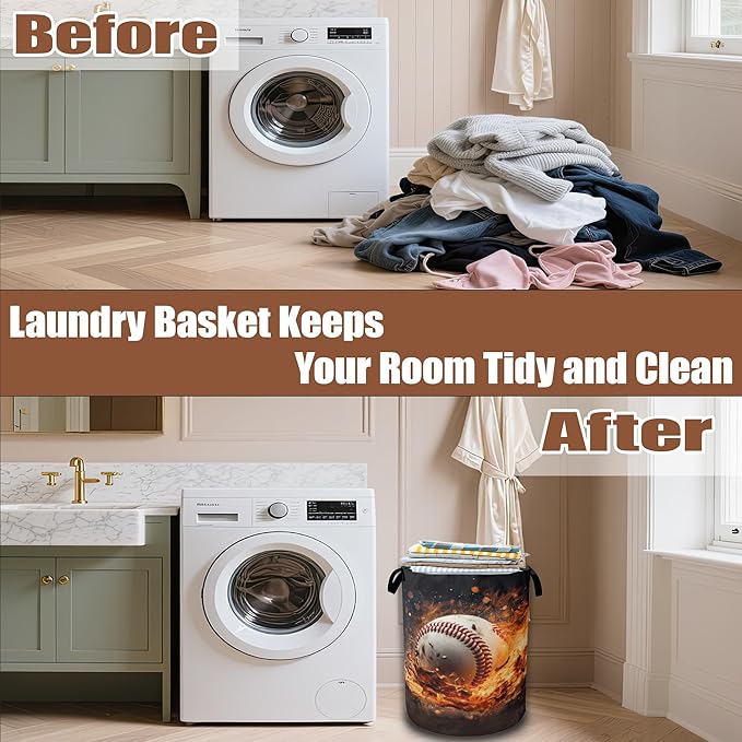 Sport Baseball Ball In Fire Laundry Hamper, Collapsible Laundry Baskets Waterproof Oxford Cloth With Handles,Clothes Storage Bucket Toy Organizer For Bathroom/Nursery/Bedroom 16" x 20.8"