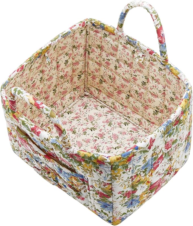Boho Fabric Storage Basket, Large Capacity Laundry Basket, 12.2'' x 10.23'' x 10.23'' Collapsible Laundry Hamper with Easy Carry Handles (Flower, L)