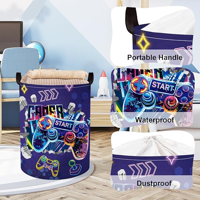 Clastyle Cool Game Storage Basket Kid Game Controller Clothes Laundry Hamper Collapsible Boy Toy Box for Nursery Palyroom,3D Purple,36 * 45 cm