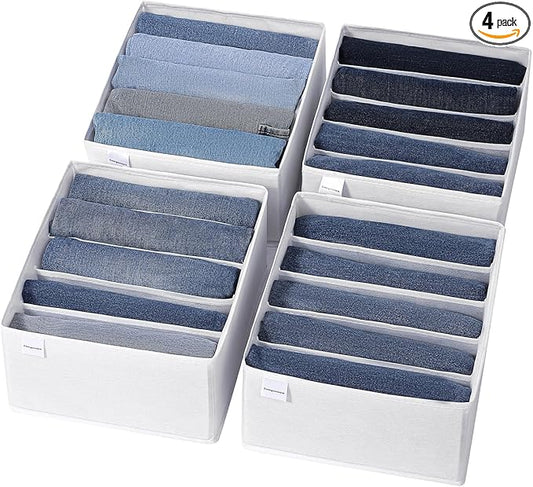 4 Packs Jeans Drawer Organizers for Clothing,5 Grids Compartment Wardrobe clothes organizer,Fabric Washable Closet Organizers and Storage Bins for Jeans,Pants,Bra,Legging,t-shirt-White