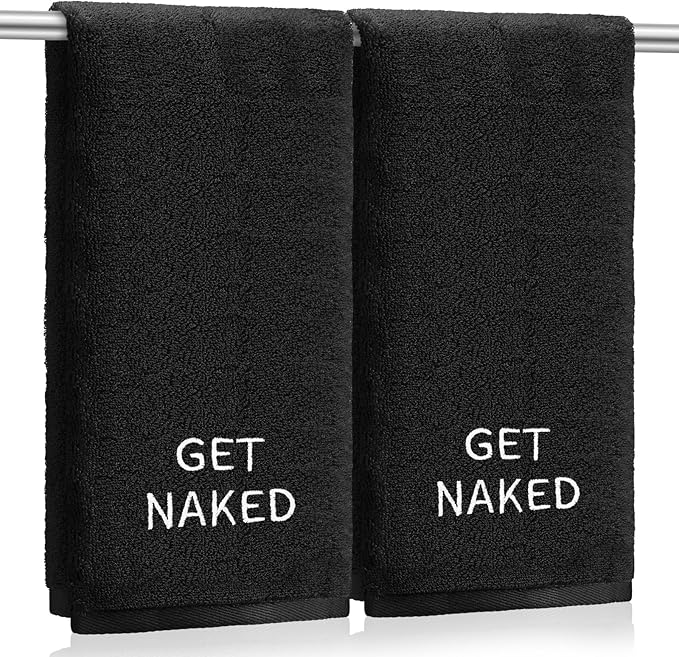 2 Pcs Get Naked Hand Towels 100% Cotton Embroidered Bathroom Towel Modern Decorative Housewarming Gifts, Funny Bathroom Decor 29 x 13 Inch (Black)