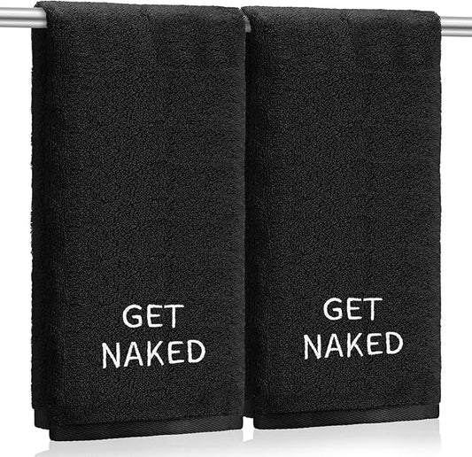 2 Pcs Get Naked Hand Towels 100% Cotton Embroidered Bathroom Towel Modern Decorative Housewarming Gifts, Funny Bathroom Decor 29 x 13 Inch (Black)