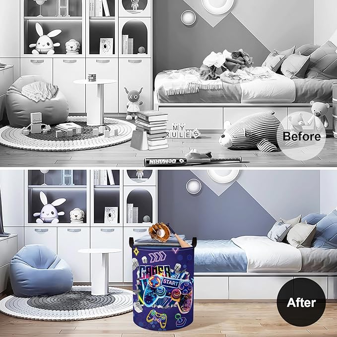 Clastyle Cool Game Storage Basket Kid Game Controller Clothes Laundry Hamper Collapsible Boy Toy Box for Nursery Palyroom,3D Purple,36 * 45 cm