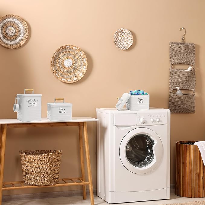 SSTATES Laundry Room Organization Set, Metal Laundry Detergent Pods Container and Dryer Sheet Holder with Lid, Laundry Powder Storage Bin with Scoop for Farmhouse Decor, (2 Pack, White)