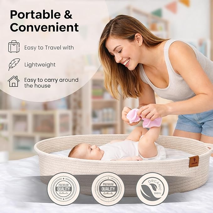 SOSA & CO Baby Changing Basket with Diaper Changing Pad Soft & Waterproof Dual-Cover Moses Baskets and Neutral Muslin Sheet - Diaper Changing Station - Cotton Rope Basket