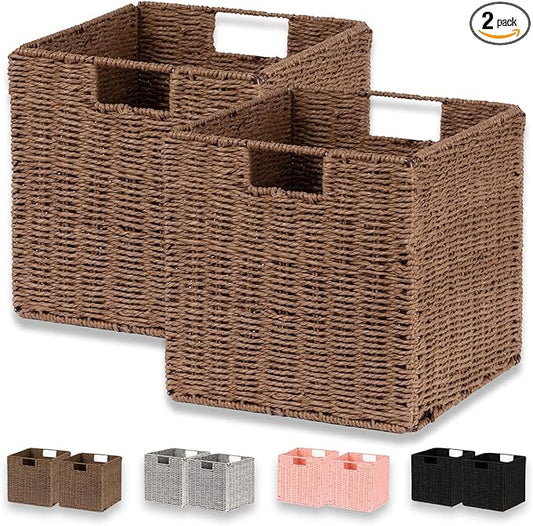 Vagusicc Wicker Basket, Set of 2 Hand-Woven Paper Rope Storage Baskets for Organizing, Foldable Cubby Storage Bins, 11 Inch Large Wicker Storage Basket, Square Baskets Cube Storage Organizer, Brown