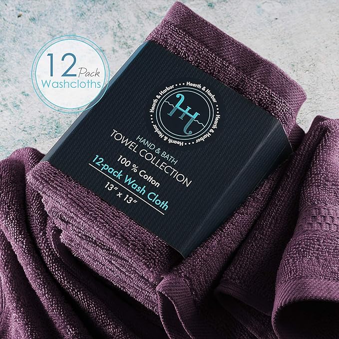 Hearth & Harbor Washcloths 12 Pack - 100% Cotton Washcloth for Body and face, High Absorbent and Soft 13"x13" Body Wash Cloth, Quick Dry - Purple Washcloths
