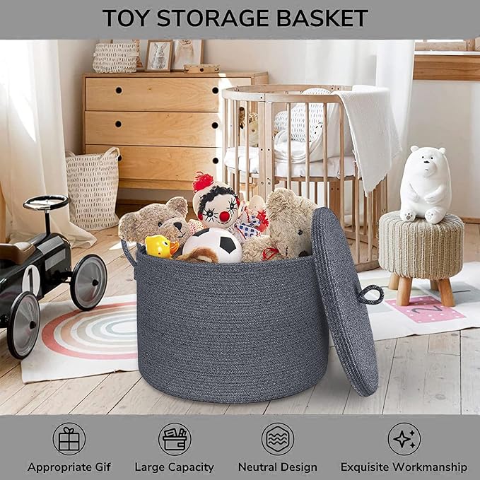 21" x 18" Extra Large storage baskets,Decorative blanket basket with lid for Living room,rope baskets with lid,wicker hamper for bedroom,Big,Round,Dark Grey