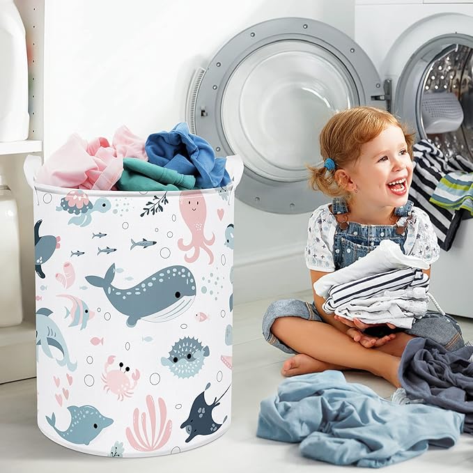 Clastyle Marine Animals Bubbles Kid Laundry Basket with Lid Foldable Sea Shark Dirty Clothes Hamper Round Toy Clothes Pool Beach Towel Basket, Pink Mermaid, 36 * 45 cm