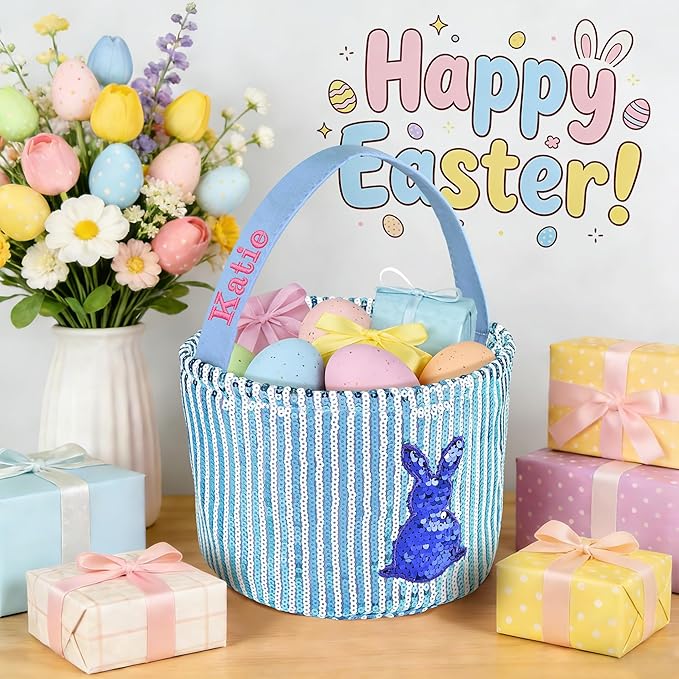 Personalized Easter Basket for Kids, Boys & Girls – Ideal for Egg Hunting & Easter Gift Storage (Blue Sequin Bunny Basket)