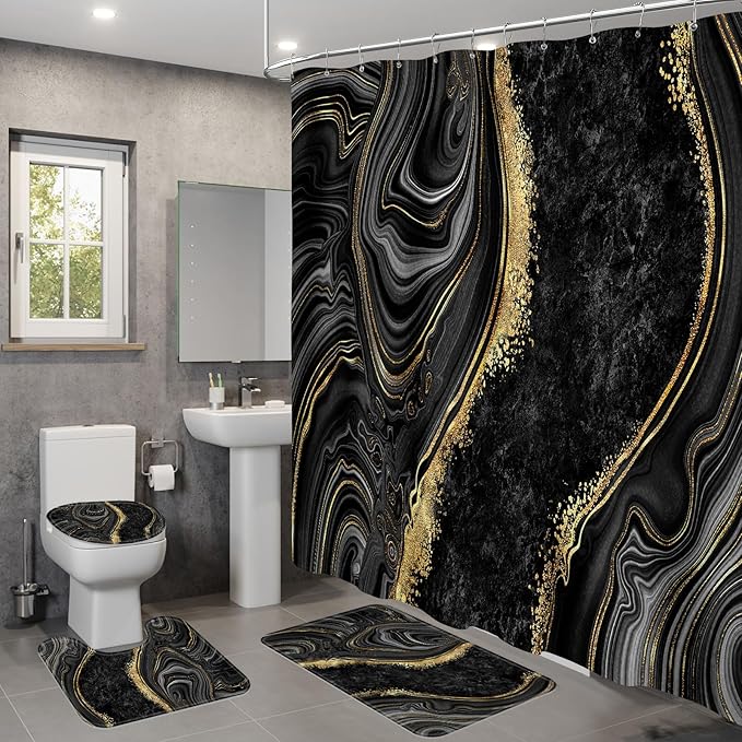 4PCS Black Gold Marble Shower Curtain Sets with Rugs, Abstract Bathroom Sets with Shower Curtain and Rugs, Bathroom Curtains Shower Set with Toilet Lid Cover for Bathroom Decor
