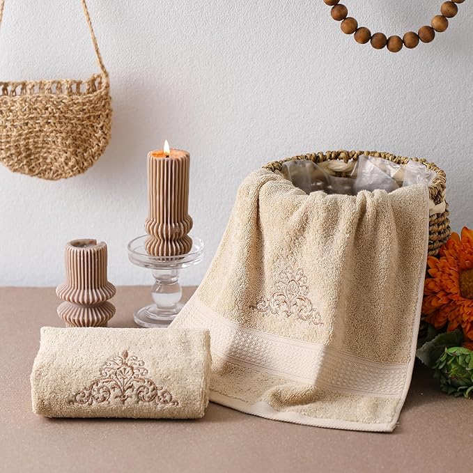 2 Pcs Damascus Hand Towels Brown Farmhouse Bathroom Decor 14x29 Inch Embroidered 100% Cotton Soft Absorbent Spring Summer Decorative Hand Towels for Bathroom Kitchen
