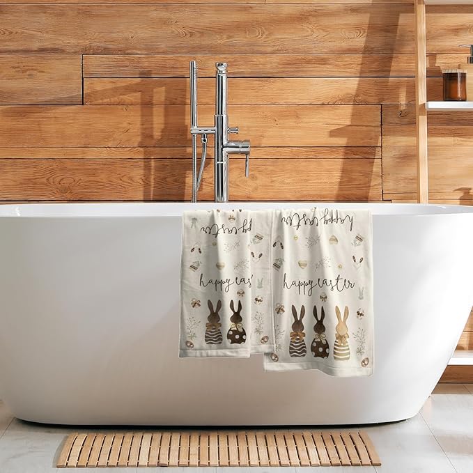 Happy Easter Hand Towels Rabbit Bunny Kitchen Towels Set of 2 Soft Absorbent Beige Easter Flowers Bath Towels 14x28 Inch Spring Holiday Dish Towels for Bathroom Kitchen Bar Tea Gym Spa Decor