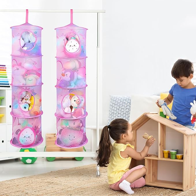 Basumee Stuffed Animals Net or Hammock 2 Pcs Stuffed Animals Storage Toy Net Hammock for Plushies Storage Organizer Mesh Kids Girls Room Decor, Pink, 4 Tiers