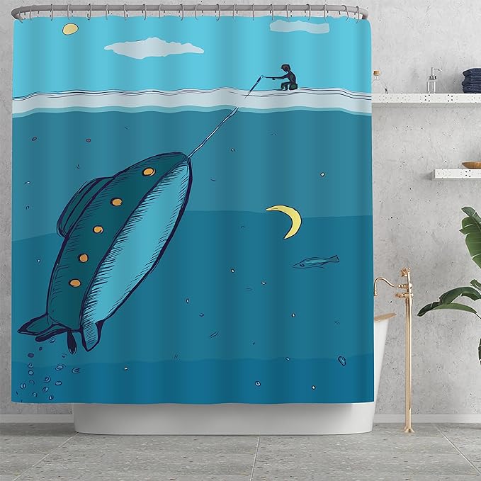 4Pcs Kids Shower Curtain Sets,Submarine Adventure Boy Bathroom Sets with Waterproof Shower Curtain,Memory Rugs,Non-Slip Rug,Toilet Lid Cover Bath Mat,Bathroom Décor for Kids