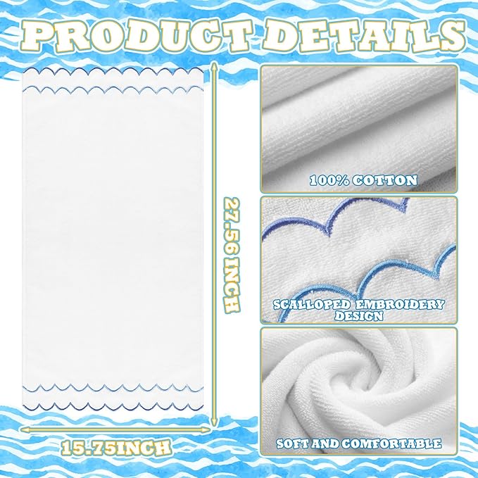 2 Pcs Scalloped Hand Towels 100% Cotton Fingertip Towels for Bathroom 15.75 x 27.56 Inch 600 GSM Cute Soft Absorbent Embroidered Decorative for Home Hotel(Blue,Classic)