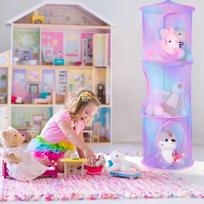 Basumee Stuffed Animals Net or Hammock 2 Pcs Stuffed Animals Storage Toy Net Hammock for Plushies Storage Organizer Mesh Kids Girls Room Decor, Blue and Purple, 3 Tiers